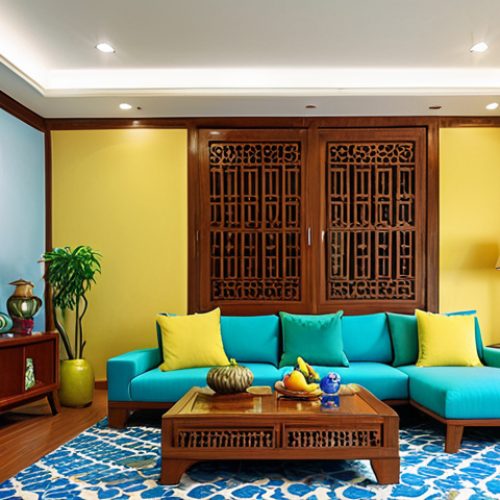 **

A brightly colored, harmonious living room interior in Vietnam. Focus on the psychological impact of color; feature blue and green tones for tranquility, balanced with vibrant yellow accents. Natural light highlights textures of various materials: wood, stone, metal, glass, fabric. Vietnamese-style decorative elements complete the scene, showing a blend of styles.

**