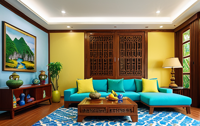 **

A brightly colored, harmonious living room interior in Vietnam. Focus on the psychological impact of color; feature blue and green tones for tranquility, balanced with vibrant yellow accents. Natural light highlights textures of various materials: wood, stone, metal, glass, fabric. Vietnamese-style decorative elements complete the scene, showing a blend of styles.

**