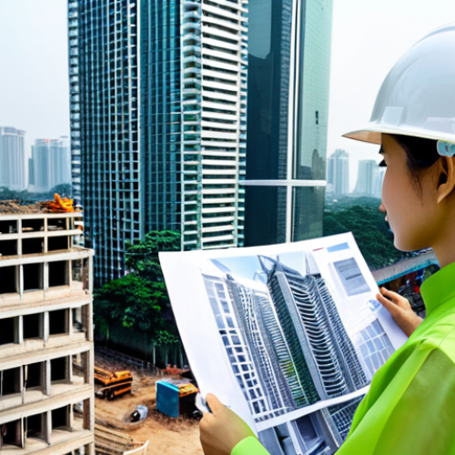 Home 30 ** A young Vietnamese architect, in Hanoi, wearing a stylish ao dai while reviewing blueprints on a bustling construction site, surrounded by modern skyscrapers.
**
