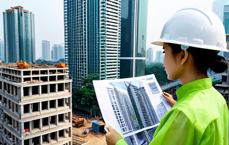 ** A young Vietnamese architect, in Hanoi, wearing a stylish ao dai while reviewing blueprints on a bustling construction site, surrounded by modern skyscrapers.

**