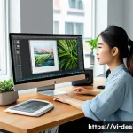 Home 16 디자인 강의 커리큘럼 - A modern Vietnamese graphic designer workspace featuring a young professional woman wearing casual b...