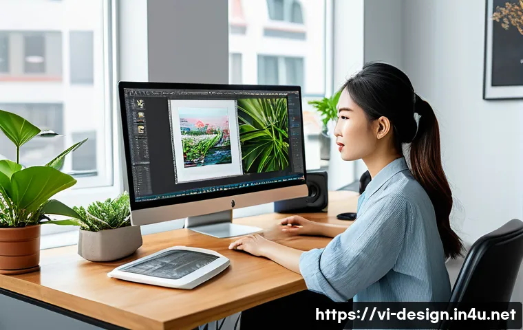 디자인 강의 커리큘럼 - A modern Vietnamese graphic designer workspace featuring a young professional woman wearing casual b...