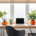 Home 20 디자인 트렌드 분석 보고서 - A sleek, modern minimalist workspace featuring clean lines and ample negative space, with a neutral ...