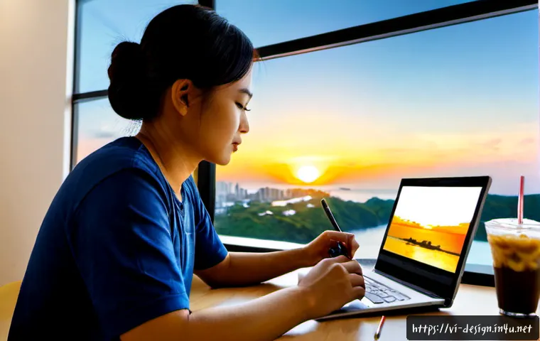 포토샵 합성 기술 - Photorealistic scene of a Vietnamese graphic designer at a clean modern desk, carefully compositing ...